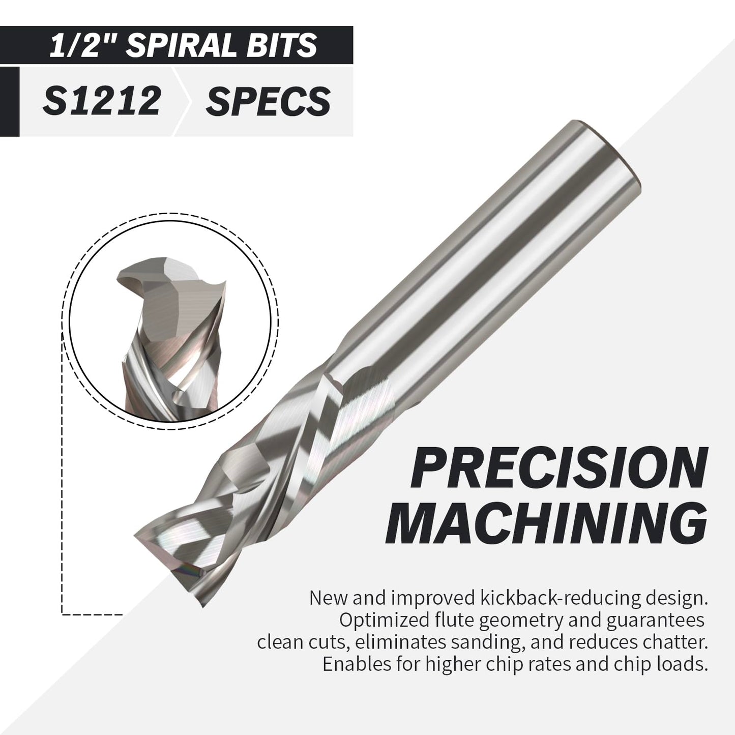 1/2" Shank Compression Solid Carbide Spiral Router Bit - 2 Flutes - 1/2" Cutting Dia - 1-1/4" Cutting Length - 3" Overall Length - 1/2" Upcut Length - S1212 PRO