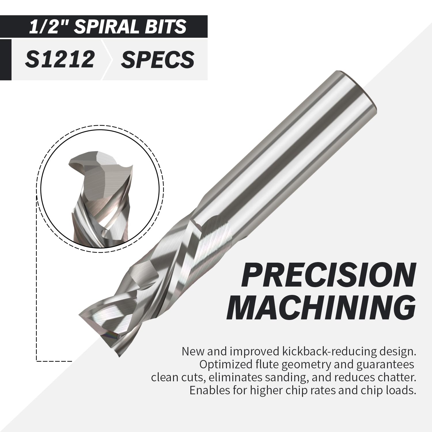 1/2" Shank Compression Solid Carbide Spiral Router Bit - 2 Flutes - 1/2" Cutting Dia - 1-1/4" Cutting Length - 3" Overall Length - 1/2" Upcut Length - S1212 PRO - Zahyox