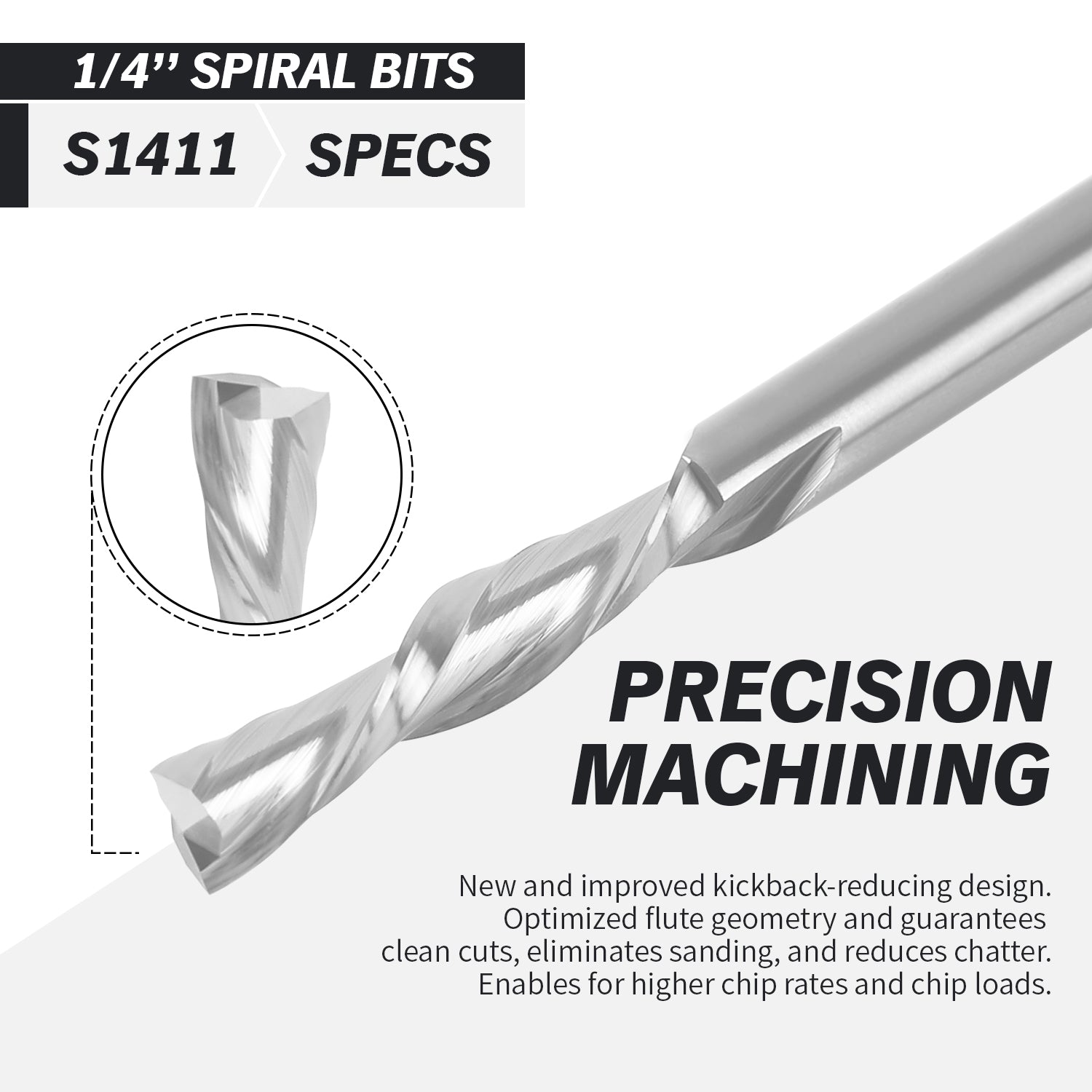 S1411 Solid Carbide Downcut Spiral Router Bit - 2Flutes - 1/4 SD - 1/4 CD - 1-1/4 CL - 3 OL - Zahyox