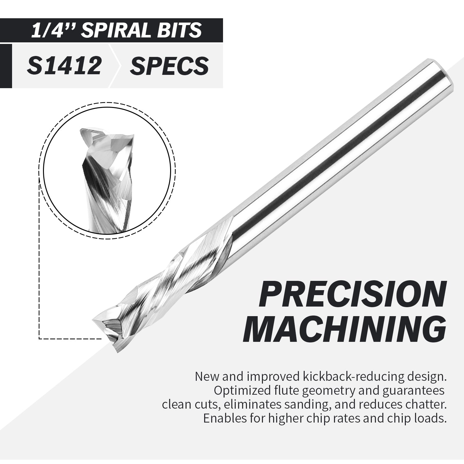 S1412 Solid Carbide Compression Spiral Router Bit - 2 Flutes - 1/4 SD - 1/4 CD - 5/8 CL - 2-1/2 OL - 3/16 UCL - Zahyox