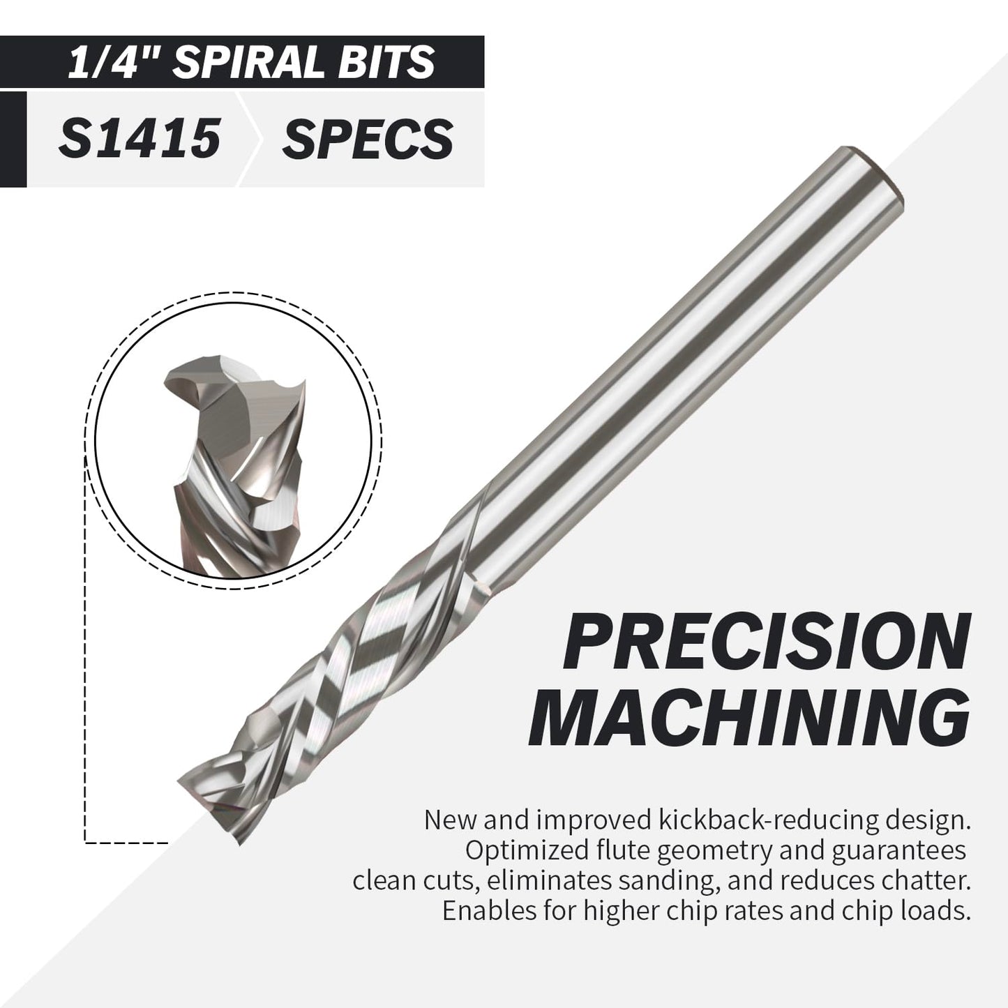 S1415 PRO Solid Carbide Compression Spiral Router Bit - 2 Flutes - 1/4 SD - 1/4 CD - 1 CL - 2-1/2 OL - 3/16 UCL