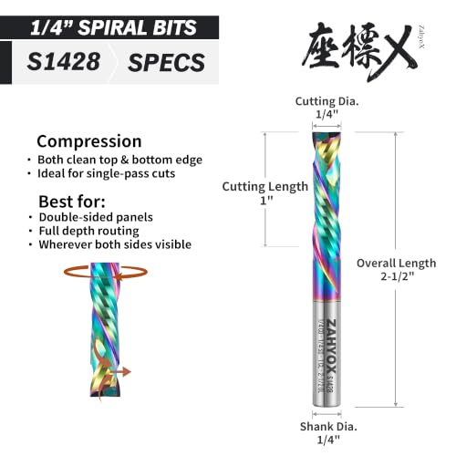S1428 DLC Coated Compression CNC Router Bit - 2 Flutes - 1/4" SD - 1/4" CD - 1" CL - 2-1/2" OL (5 Pack)