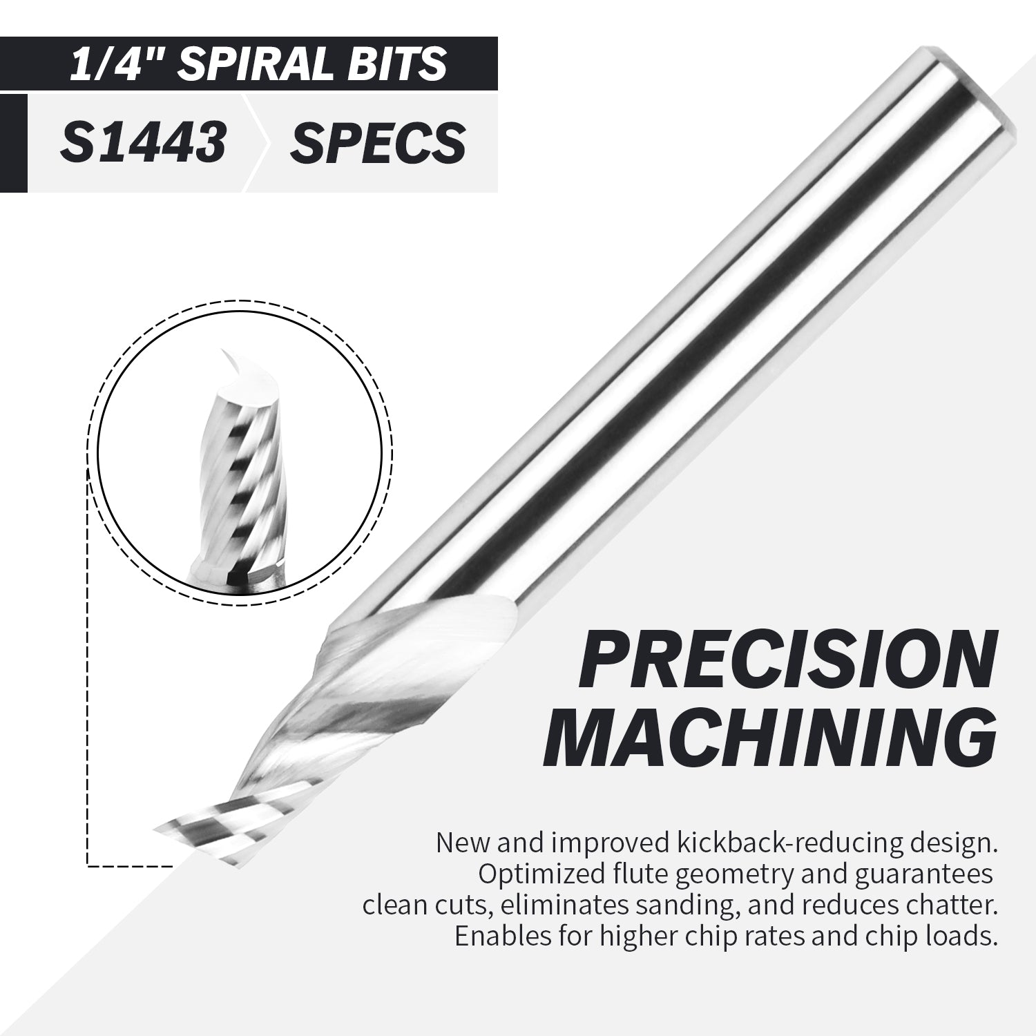 S1443 Solid Carbide Upcut Spiral Router Bit - O Flutes - 3/16 CD - 1/4 SD - 3/8 CL - 2 OL - Zahyox