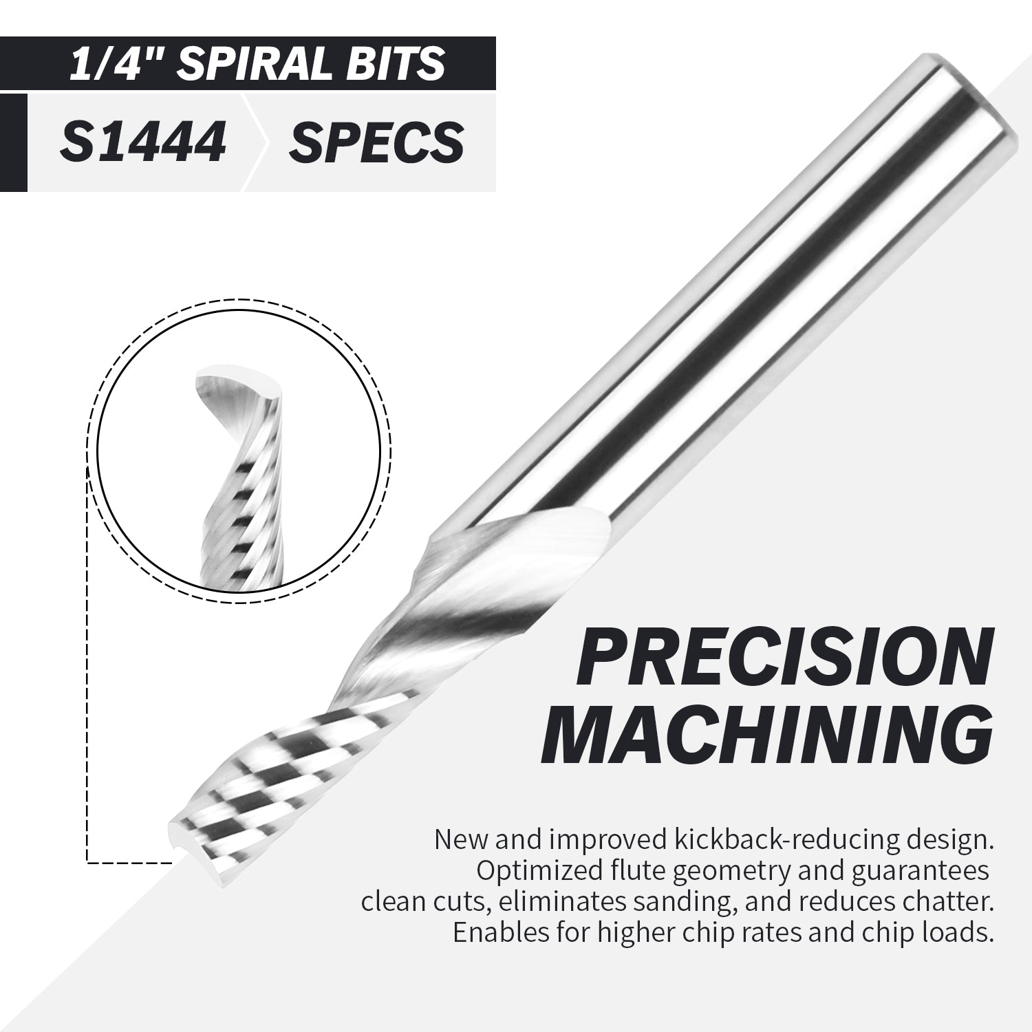 S1444 Solid Carbide Upcut Spiral Router Bit - O Flutes - 3/16 CD - 1/4 SD - 5/8 CL - 2 OL - Zahyox