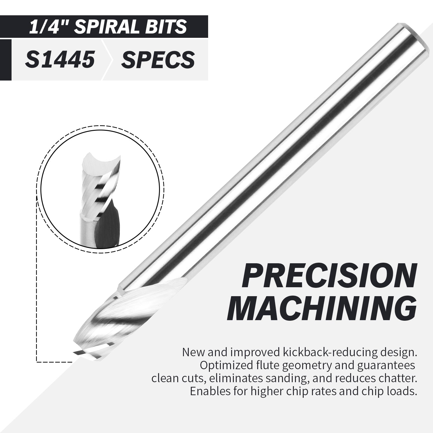 S1445 Solid Carbide Upcut Spiral Router Bit - O Flutes - 1/4 CD - 1/4 SD - 3/8 CL - 2-1/2 OL - Zahyox