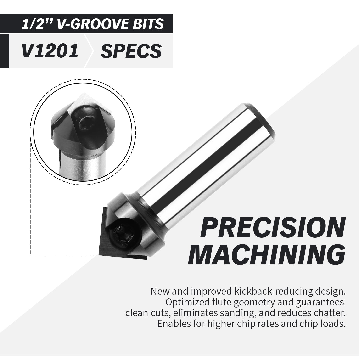 V1201 45 Degree V-Groove Carve Bit with Carbide Inserts - 1 Insert - 1/2 SD - 11/16 CD - 21/64 CL - 2 OL - 12mm - Zahyox