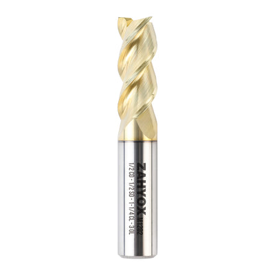 M1202 - CNC Square End Mill, Aluminum Cutting 1/2“ SD x 1/2” CD x 1-1/4“ LOC x 3” OAL x 3 Flute ZrN SC Coated Up-Cut Router Bit - Zahyox