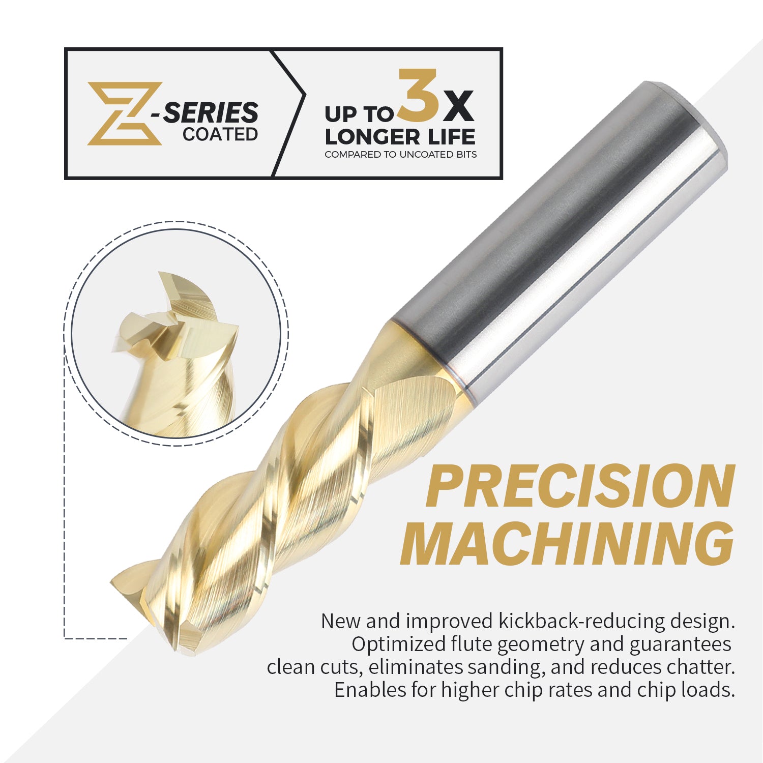 M1202 - CNC Square End Mill, Aluminum Cutting 1/2“ SD x 1/2” CD x 1-1/4“ LOC x 3” OAL x 3 Flute ZrN SC Coated Up-Cut Router Bit - Zahyox