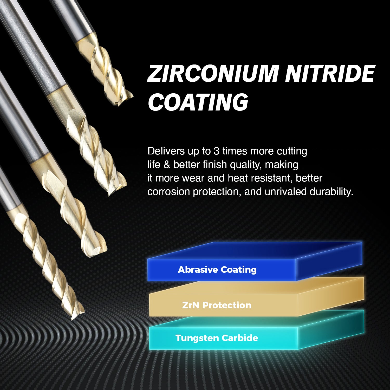 M1202 - CNC Square End Mill, Aluminum Cutting 1/2“ SD x 1/2” CD x 1-1/4“ LOC x 3” OAL x 3 Flute ZrN SC Coated Up-Cut Router Bit - Zahyox