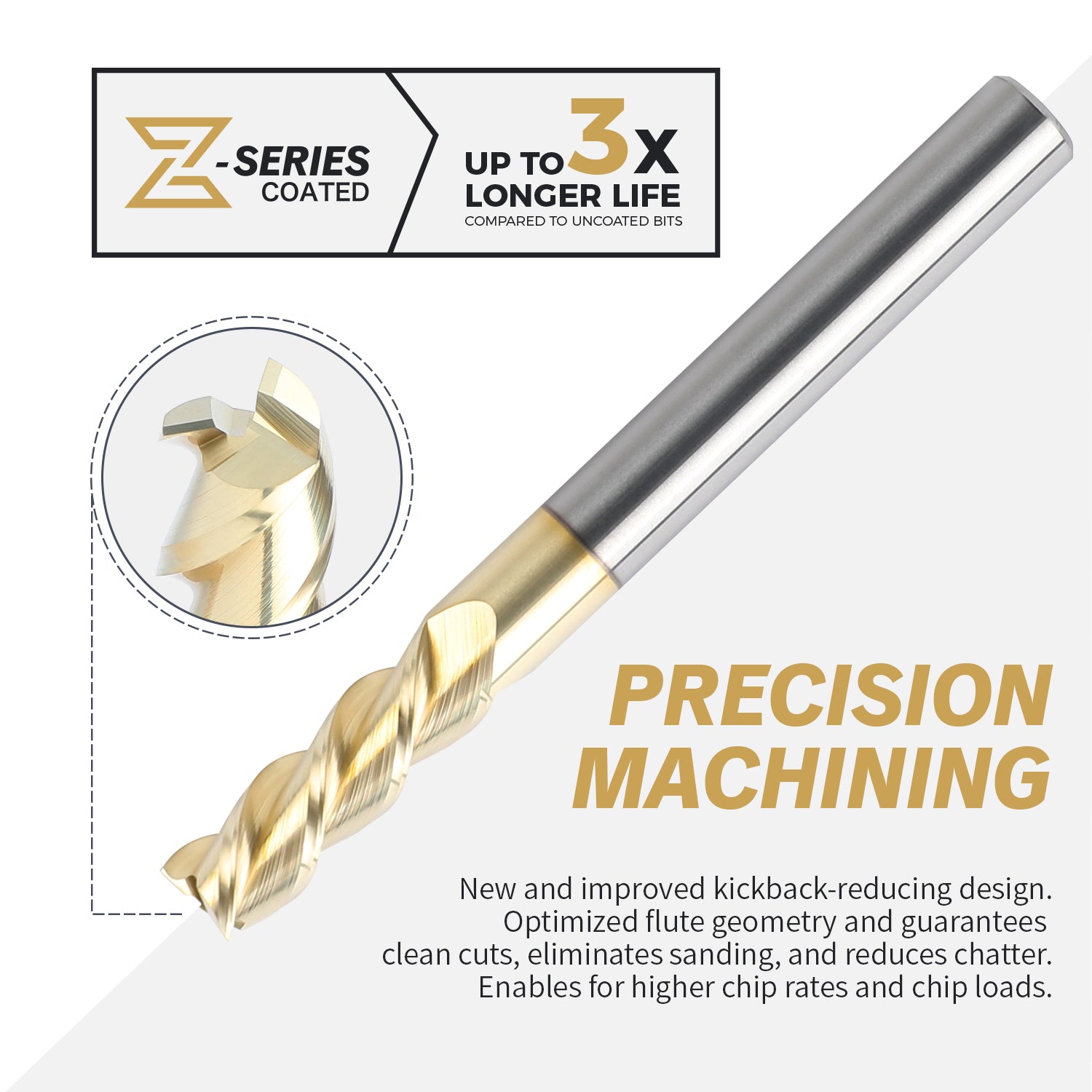M1407 ZrN Coated Upcut End Mill for Aluminum - 3 Flutes - 1/4 Dia - 1/4 Shank - 3/4 LOC - 2-1/2 OAL - Zahyox