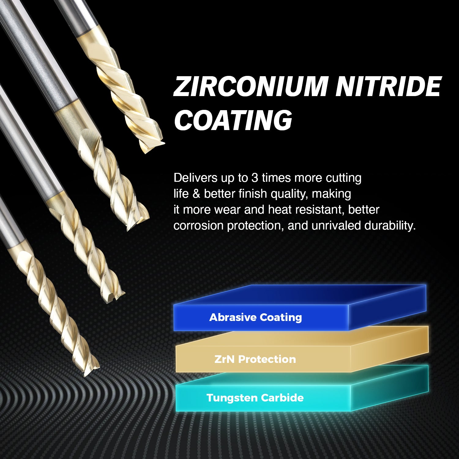 M1407 ZrN Coated Upcut End Mill for Aluminum - 3 Flutes - 1/4 Dia - 1/4 Shank - 3/4 LOC - 2-1/2 OAL - Zahyox