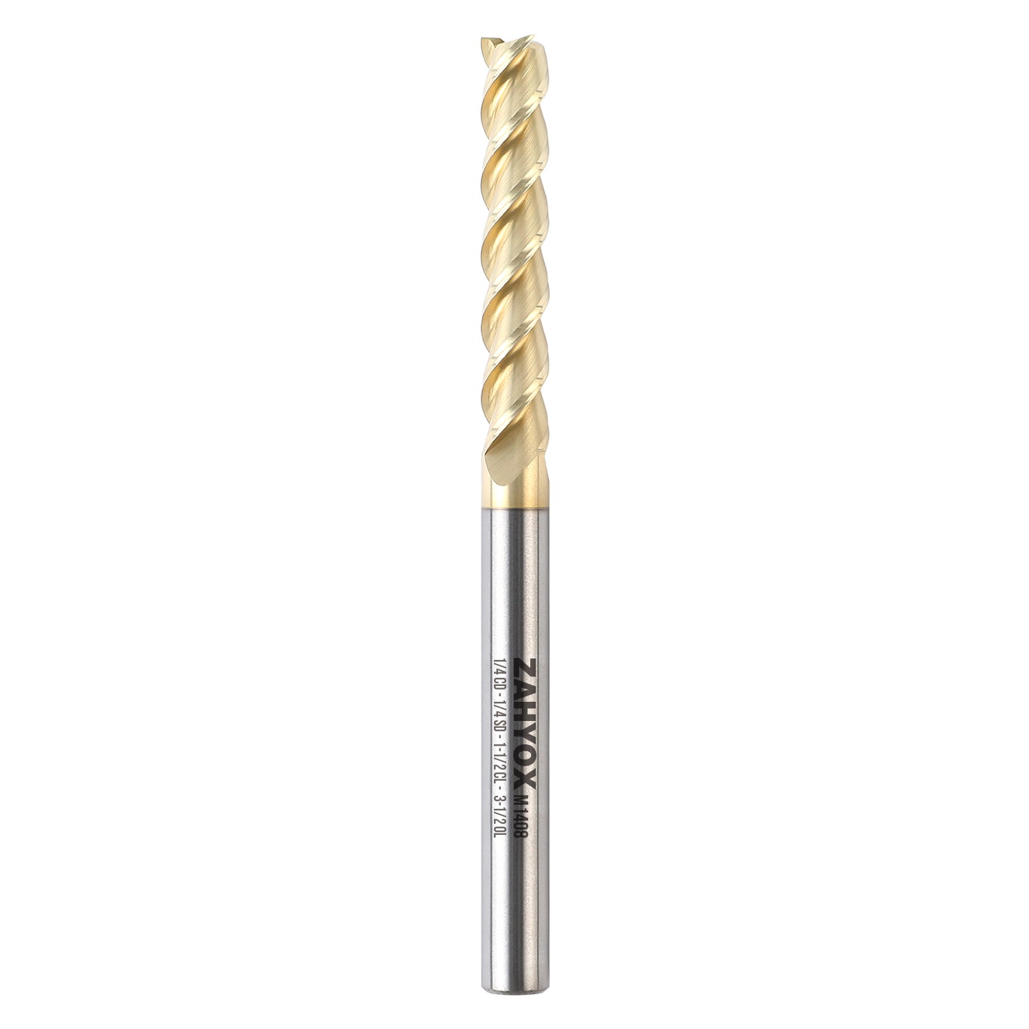 M1408 ZrN Coated Upcut End Mill for Aluminum - 3 Flutes - 1/4 Dia - 1/4 Shank - 1-1/2 LOC - 3-1/2 OAL - Zahyox