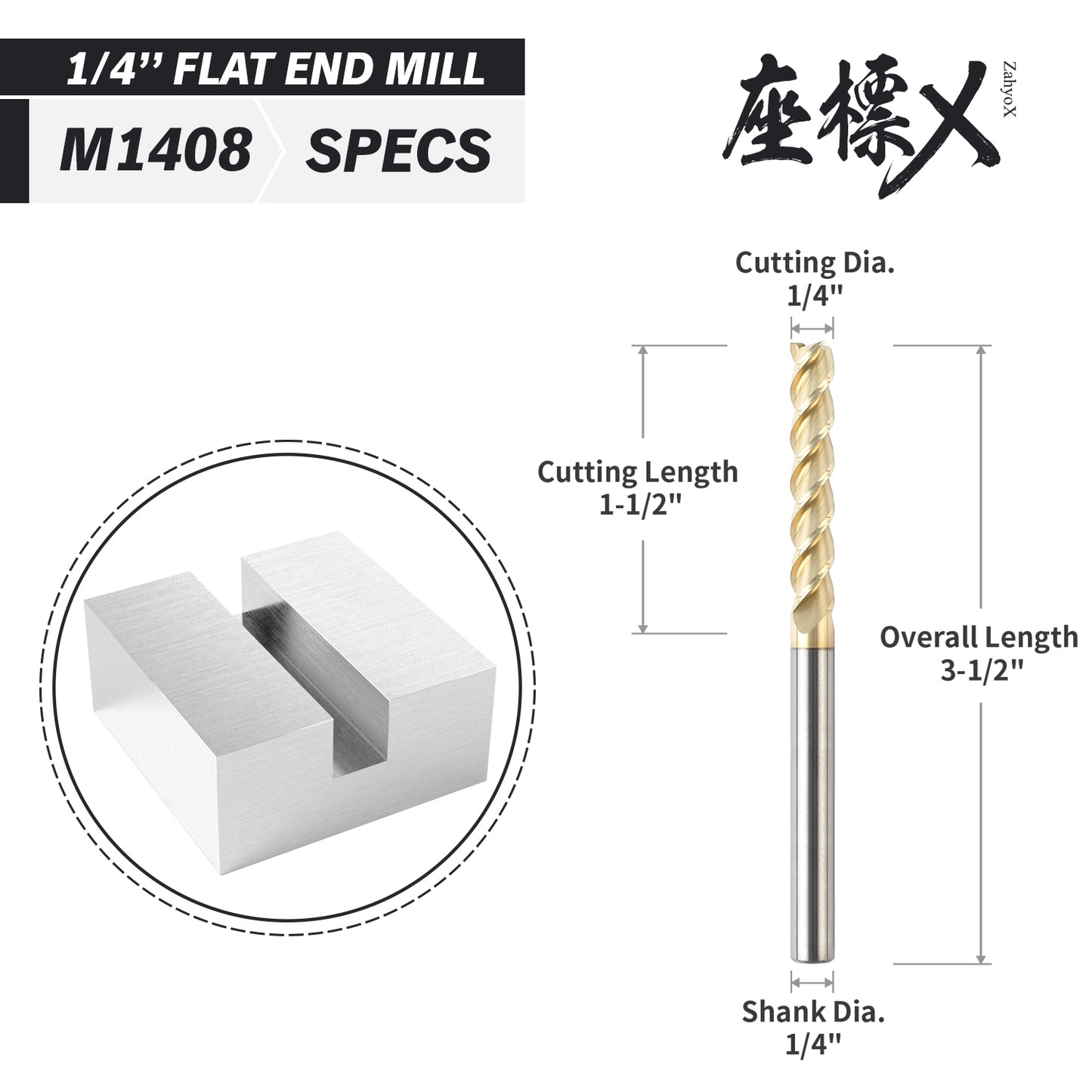 M1408 ZrN Coated Upcut End Mill for Aluminum - 3 Flutes - 1/4 Dia - 1/4 Shank - 1-1/2 LOC - 3-1/2 OAL - Zahyox