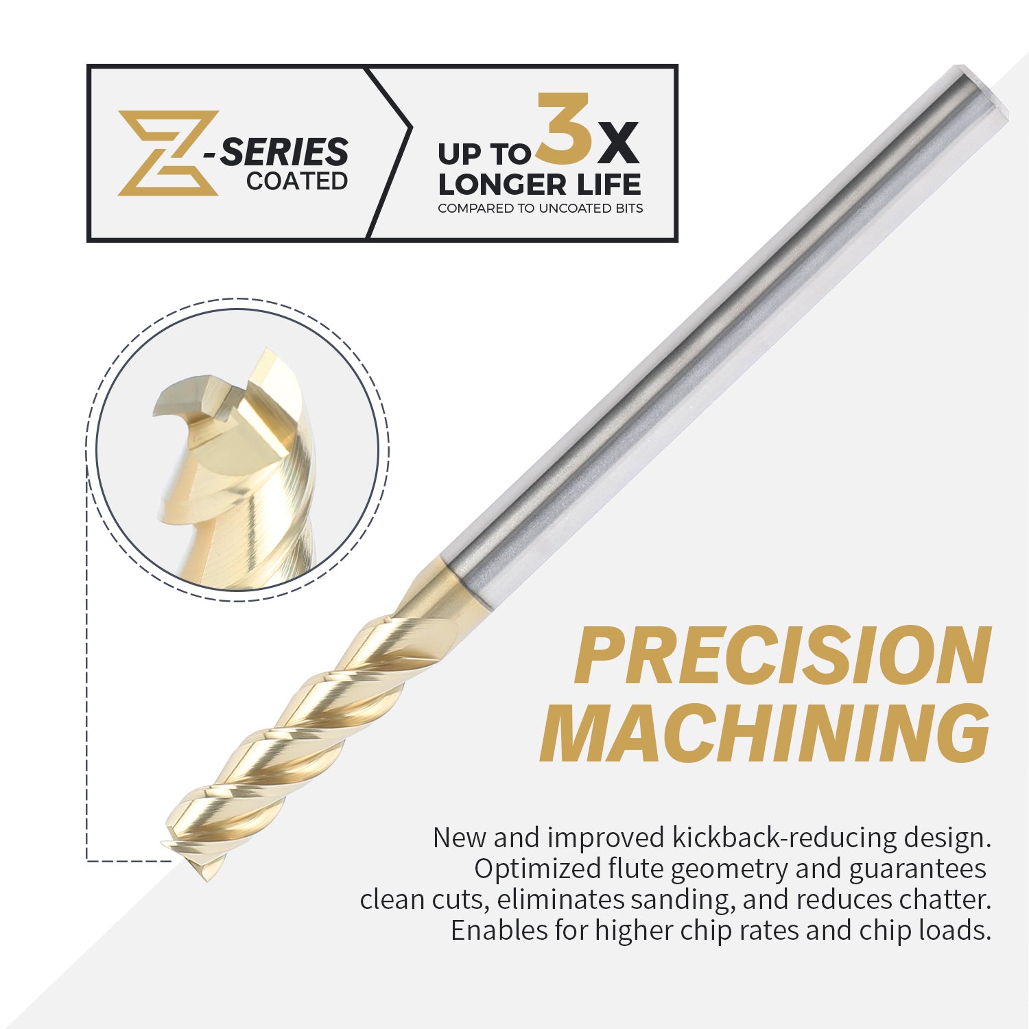 M1409 ZrN Coated Upcut End Mill for Aluminum - 3 Flutes - 1/4 Dia - 1/4 Shank - 1 LOC - 3-1/2 OAL - Zahyox