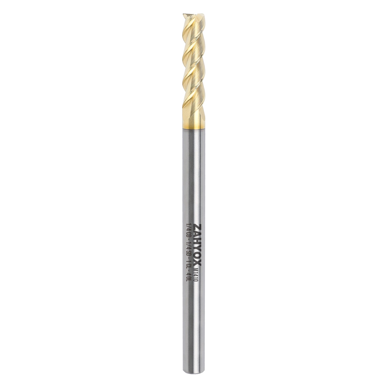 M1410 ZrN Coated Upcut End Mill for Aluminum - 3 Flutes - 1/4 Dia - 1/4 Shank - 1 LOC - 4 OAL - Zahyox