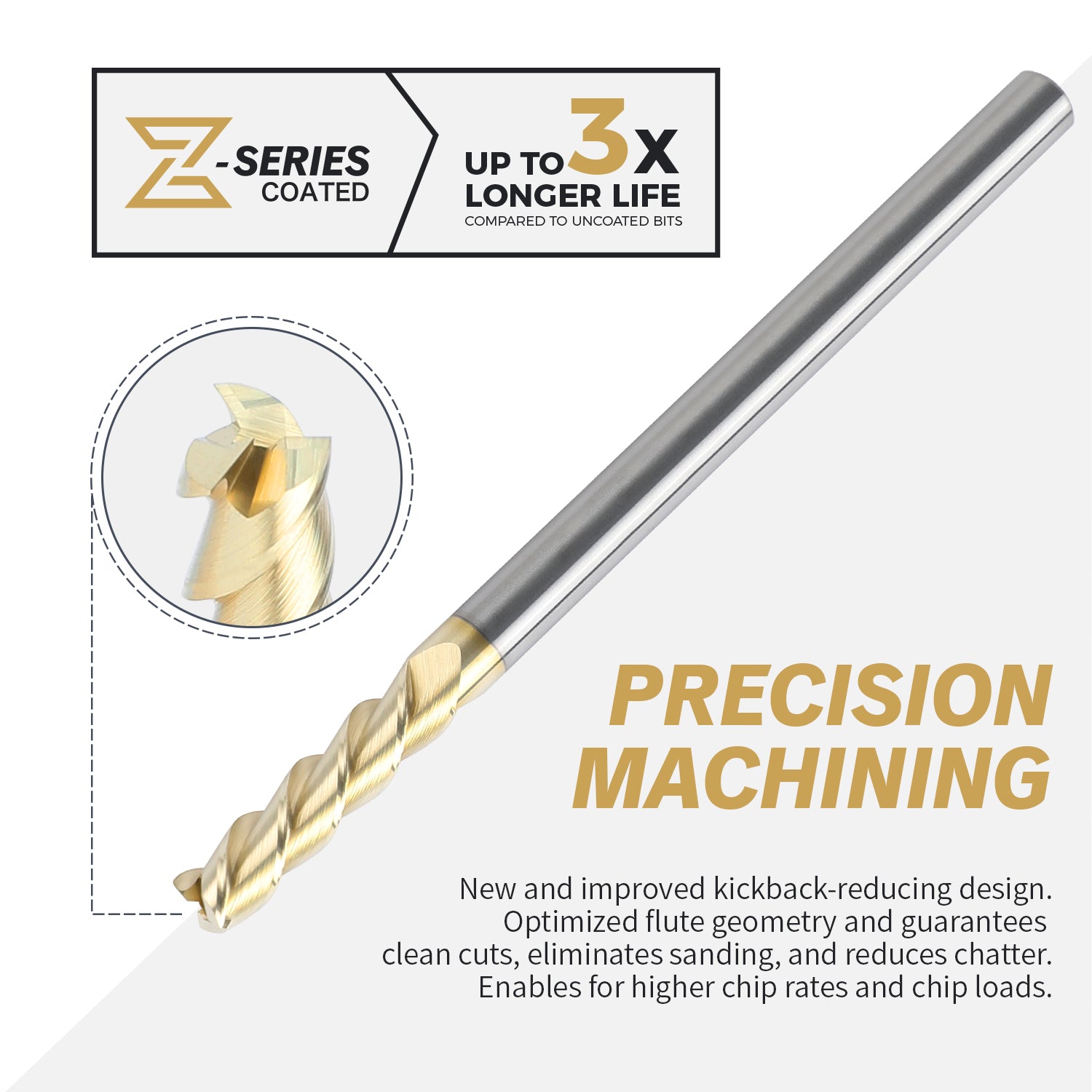 M1410 ZrN Coated Upcut End Mill for Aluminum - 3 Flutes - 1/4 Dia - 1/4 Shank - 1 LOC - 4 OAL - Zahyox