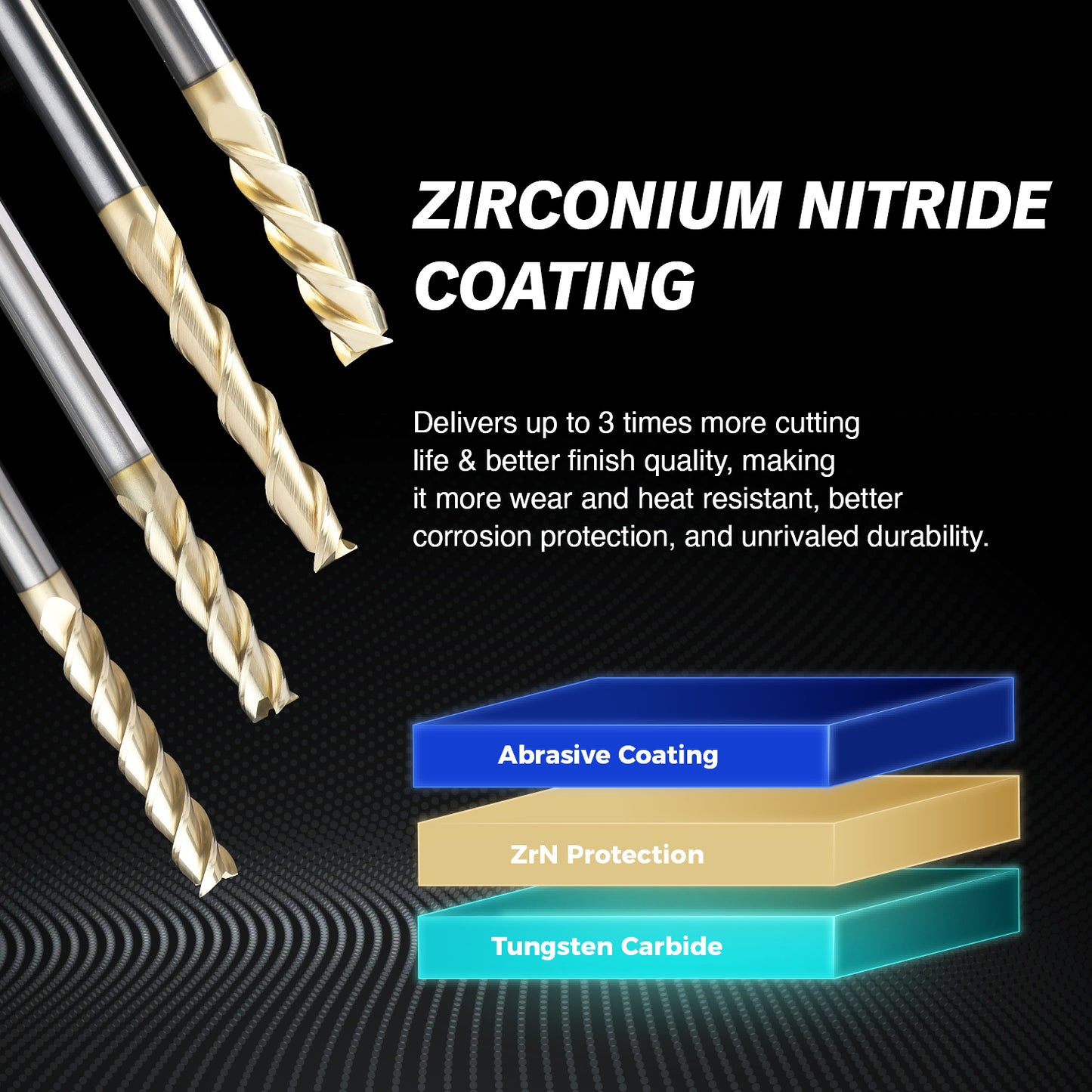 M1410 ZrN Coated Upcut Square Nose End Mill for Aluminum - 3 Flutes - 1/4 SD - 1/4 CD - 1 CL - 4 OL