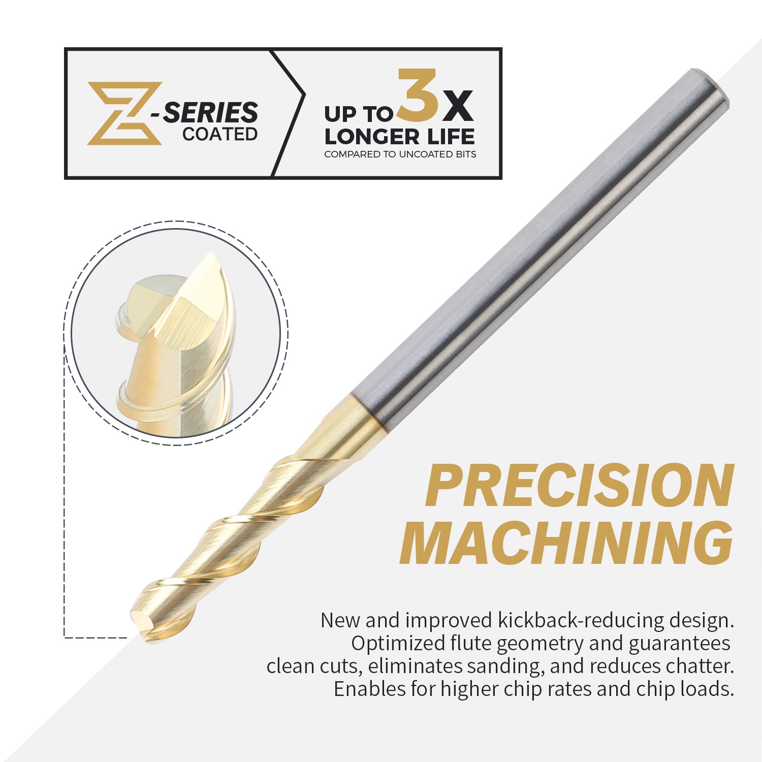 M1411 ZrN Coated Upcut End Mill for Aluminum - 2 Flutes - 1/4 Dia - 1/4 Shank - 1 LOC - 3-1/2 OAL - Zahyox