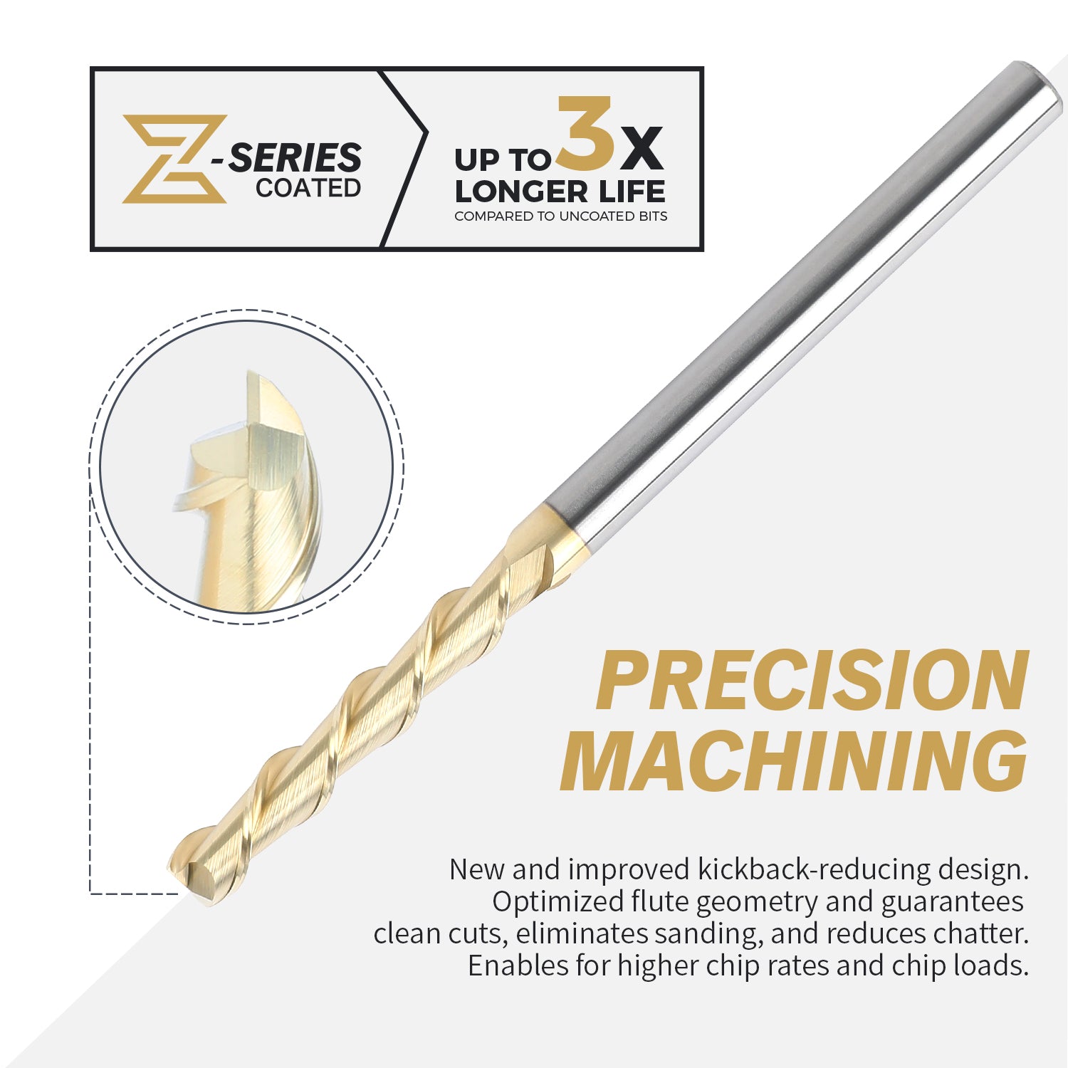 M1412 ZrN Coated Upcut End Mill for Aluminum - 2 Flutes - 1/4 Dia - 1/4 Shank - 1-1/2 LOC - 4 OAL - Zahyox