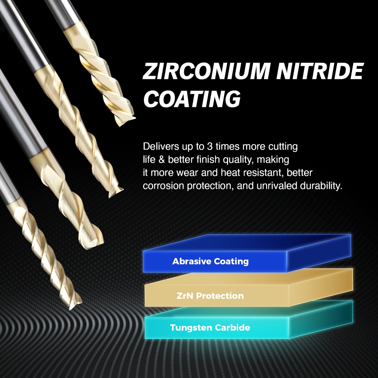 M1412 ZrN Coated Upcut Square Nose End Mill for Aluminum - 2 Flutes - 1/4 SD - 1/4 CD - 1-1/2 CL - 4 OL