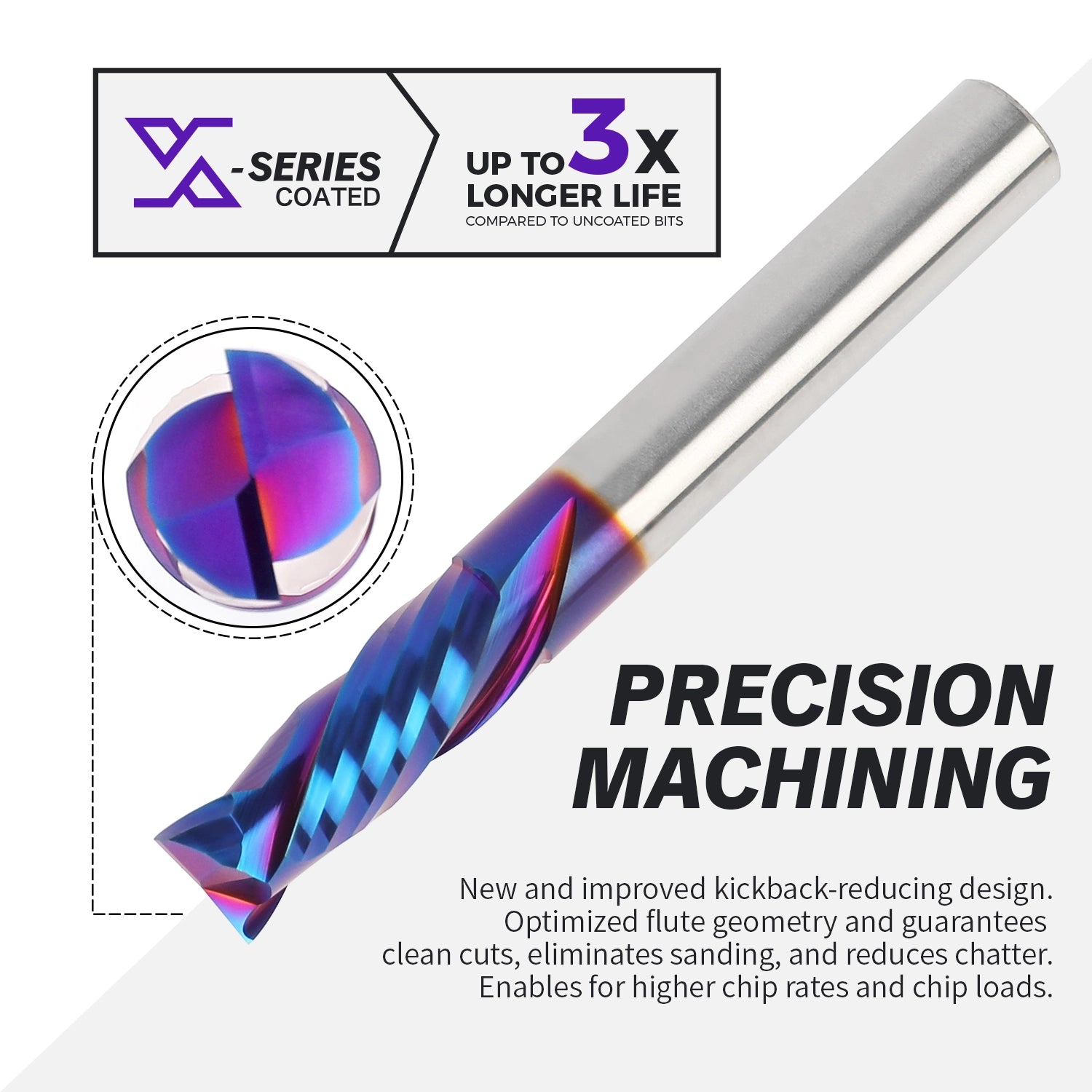 3/8" Shank Compression nACo Coated CNC Spiral Router Bit - 2 Flutes - 3/8" Cutting Dia - 1-1/16" LOC - 3OAL - S3801 - Zahyox