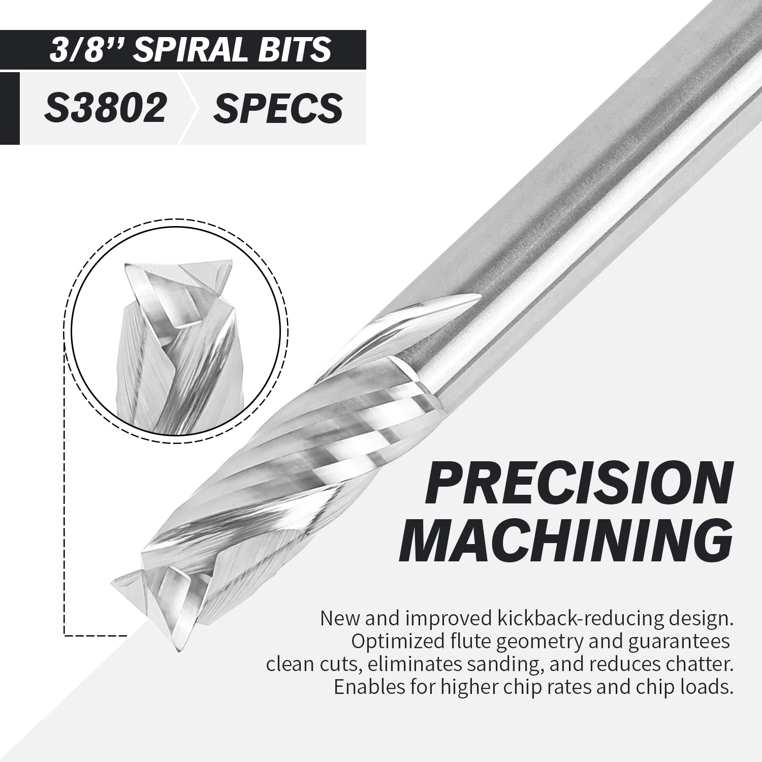 3/8" Shank Solid Carbide Compression CNC Spiral Router Bit - 2 Flutes - 3/8" Cutting Dia - 1-1/16" LOC - 3" OAL - S3802 - Zahyox