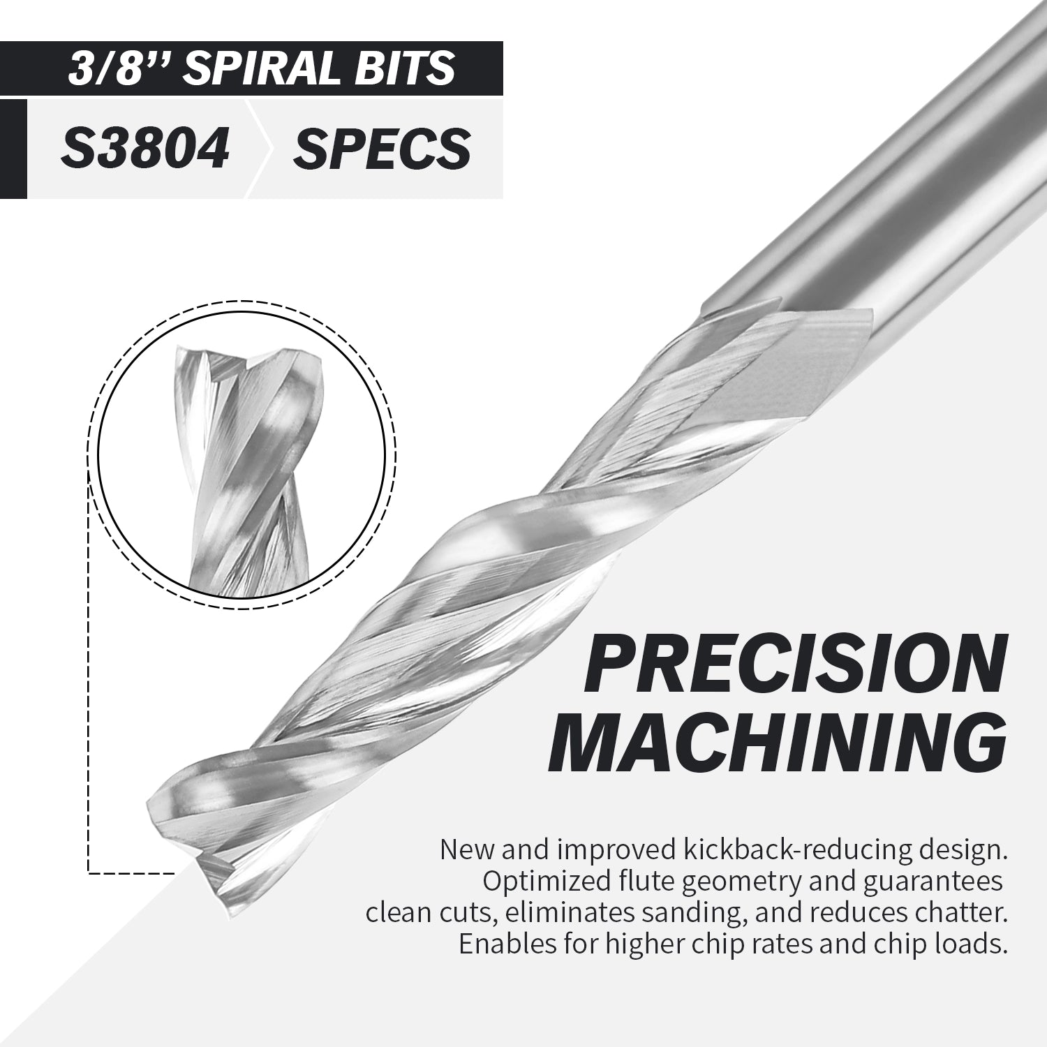 3/8" Shank Solid Carbide Upcut CNC Spiral Router Bit - 2 Flutes - 3/8" Cutting Dia - 2" LOC - 4" OAL - S3804 - Zahyox