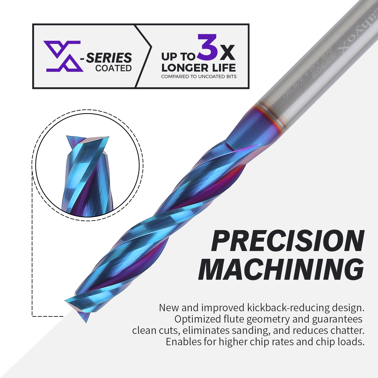 3/8" Shank Solid Carbide Upcut nACo Coated CNC Spiral Bit- 2 Flutes - 3/8" Cutting Dia - 2" LOC - 4" OAL - S3803 - Zahyox