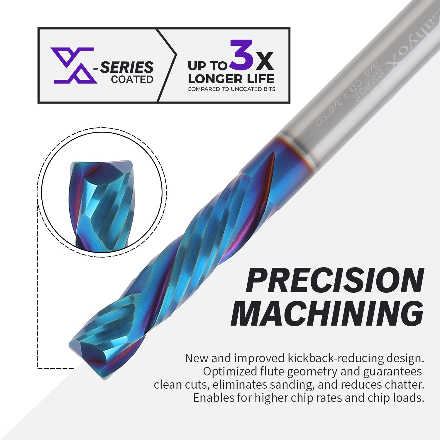 3/8" Shank Solid Carbide Compression nACo Coated CNC Spiral Router Bit - 2 Flutes - 3/8" Cutting Dia - 1-5/8" LOC - 3-1/2" OAL - S3805 - Zahyox