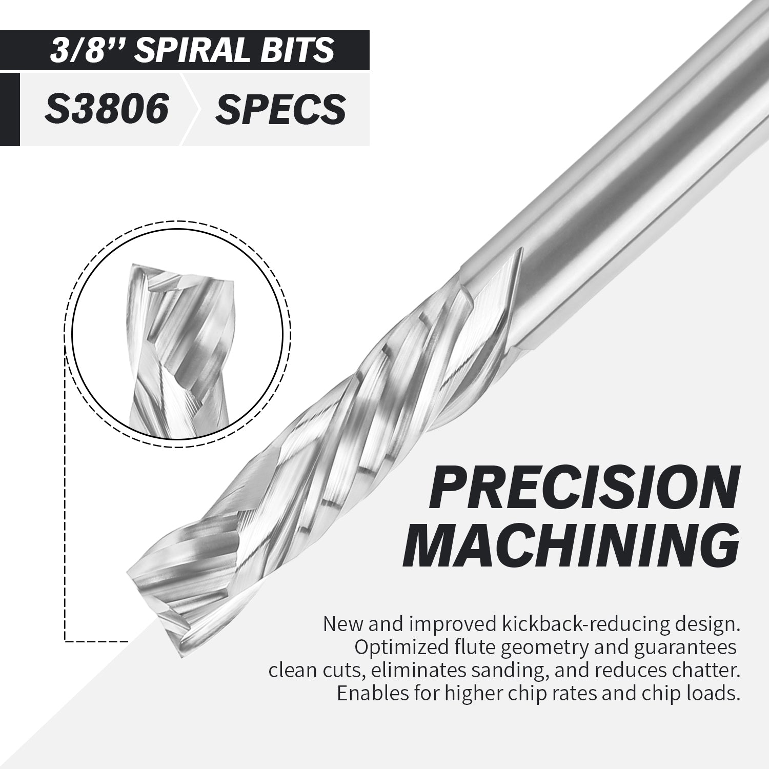 3/8" Shank Solid Carbide Compression CNC Spiral Router Bit - 2 Flutes - 3/8" Cutting Dia - 1-5/8" LOC - 3-1/2" OAL - S3806 - Zahyox