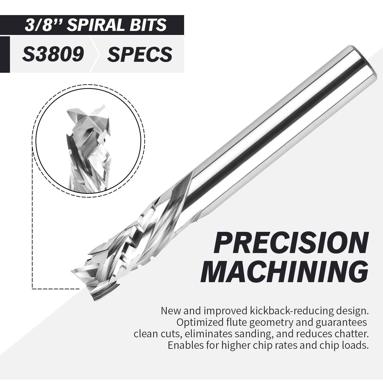 3/8" Shank Compression Chip Breaker Spiral Router Bit - 3 Flutes - 3/8" Cutting Dia - 7/8" LOC - 3" OAL - 1/4" UCL - S3809 - Zahyox