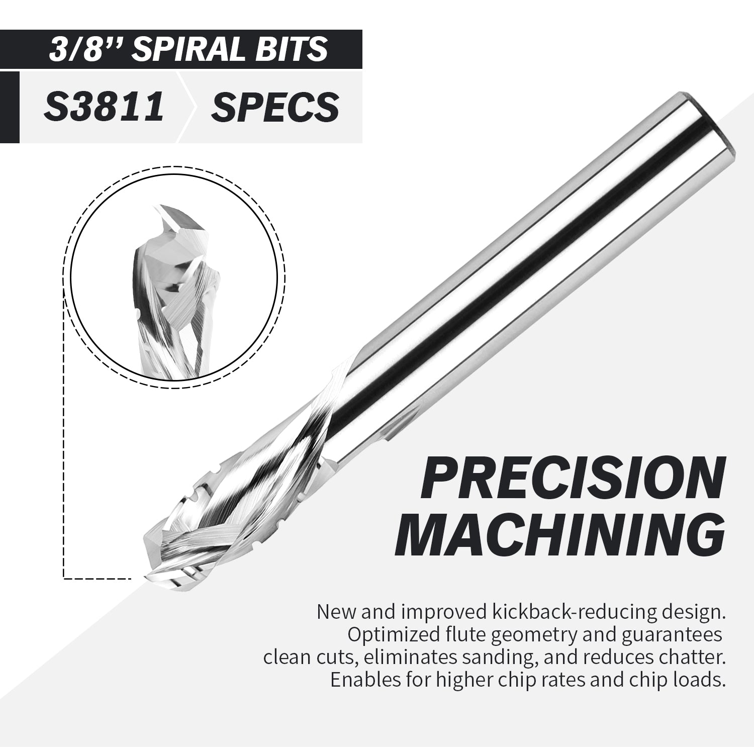 3/8" Shank Solid Carbide Compression Chip Breaker Spiral Router Bit - 2 Flutes - 3/8" Cutting Dia - 7/8" LOC - 3" OAL - 1/4" UCL - S3811 - Zahyox