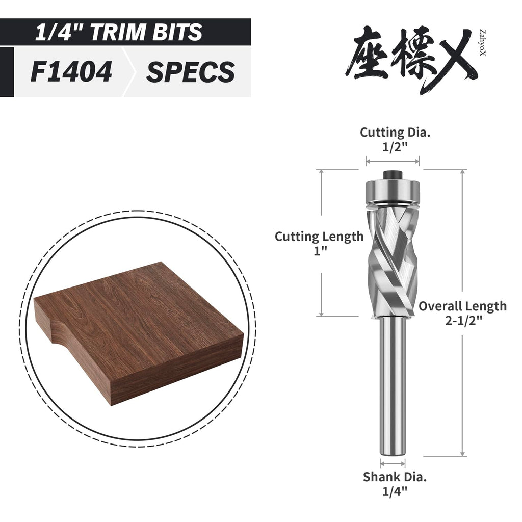 F1404 Compression Flush Trim Router Bit with Bottom Bearing - 1/4 SD - 1/2 CD - 1 CL - 2-1/2 OL