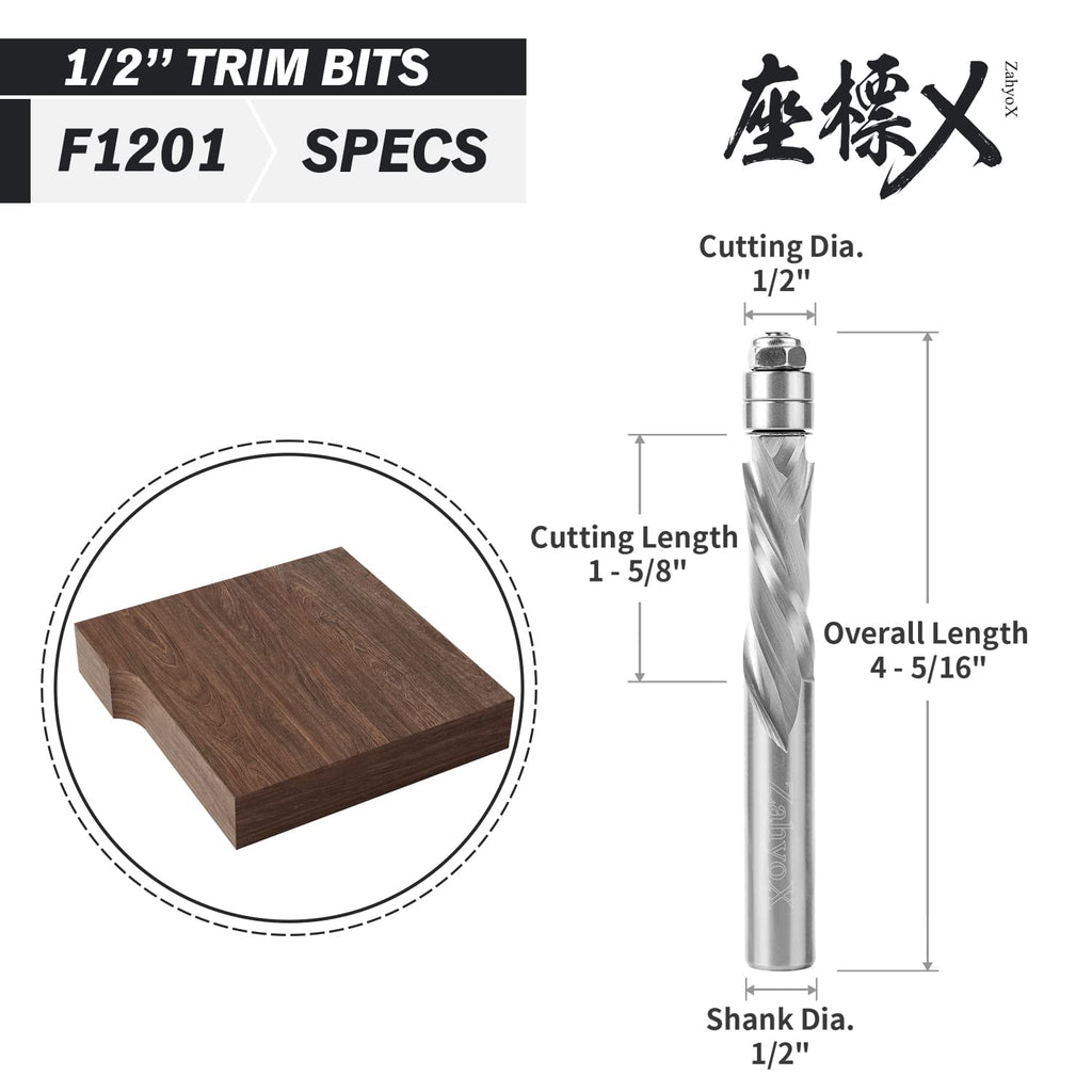 F1201 Compression Spiral Flush Trim Bit with Bottom Bearing- 1/2 SD - 1/2 CD - 1-5/8 CL - 4-5/16 OL