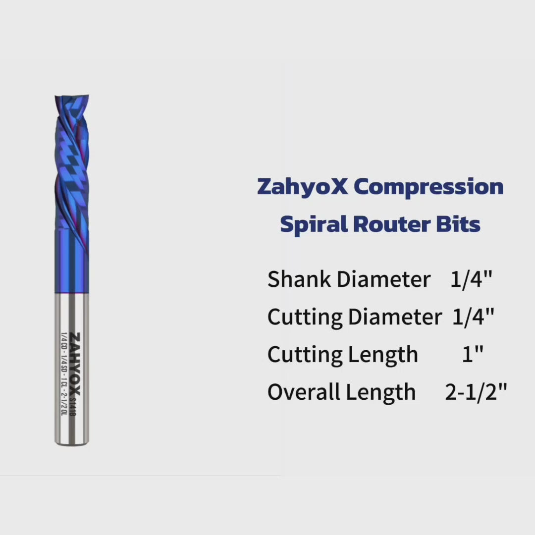 Load video: S1418 Solid Carbide nACo Coated Compression Spiral Router Bit - 2 Flutes - 1/4 SD - 1/4 CD - 1 CL - 2-1/2 OL