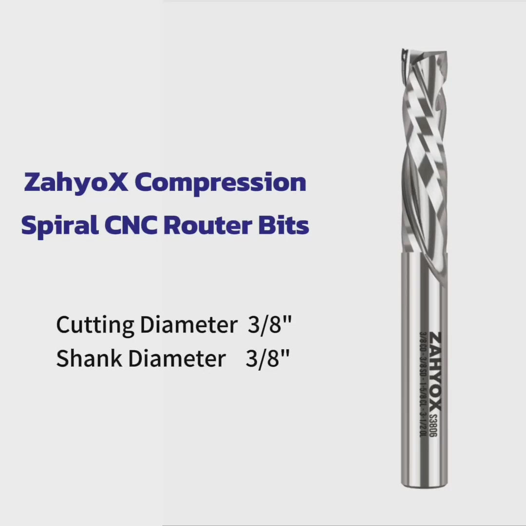 Load video: S3802 3/8&quot; Shank Solid Carbide Compression CNC Spiral Router Bit - 2 Flutes - 3/8&quot; Cutting Dia - 1-1/16&quot; LOC - 3&quot; OAL