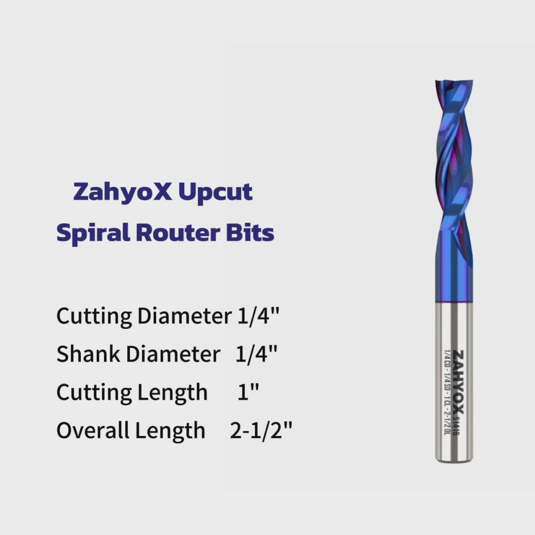 Load video: S1416 Solid Carbide nACo Coated Upcut Spiral Router Bit - 2Flutes - 1/4 SD - 1/4 CD - 1 CL - 2-1/2 OL