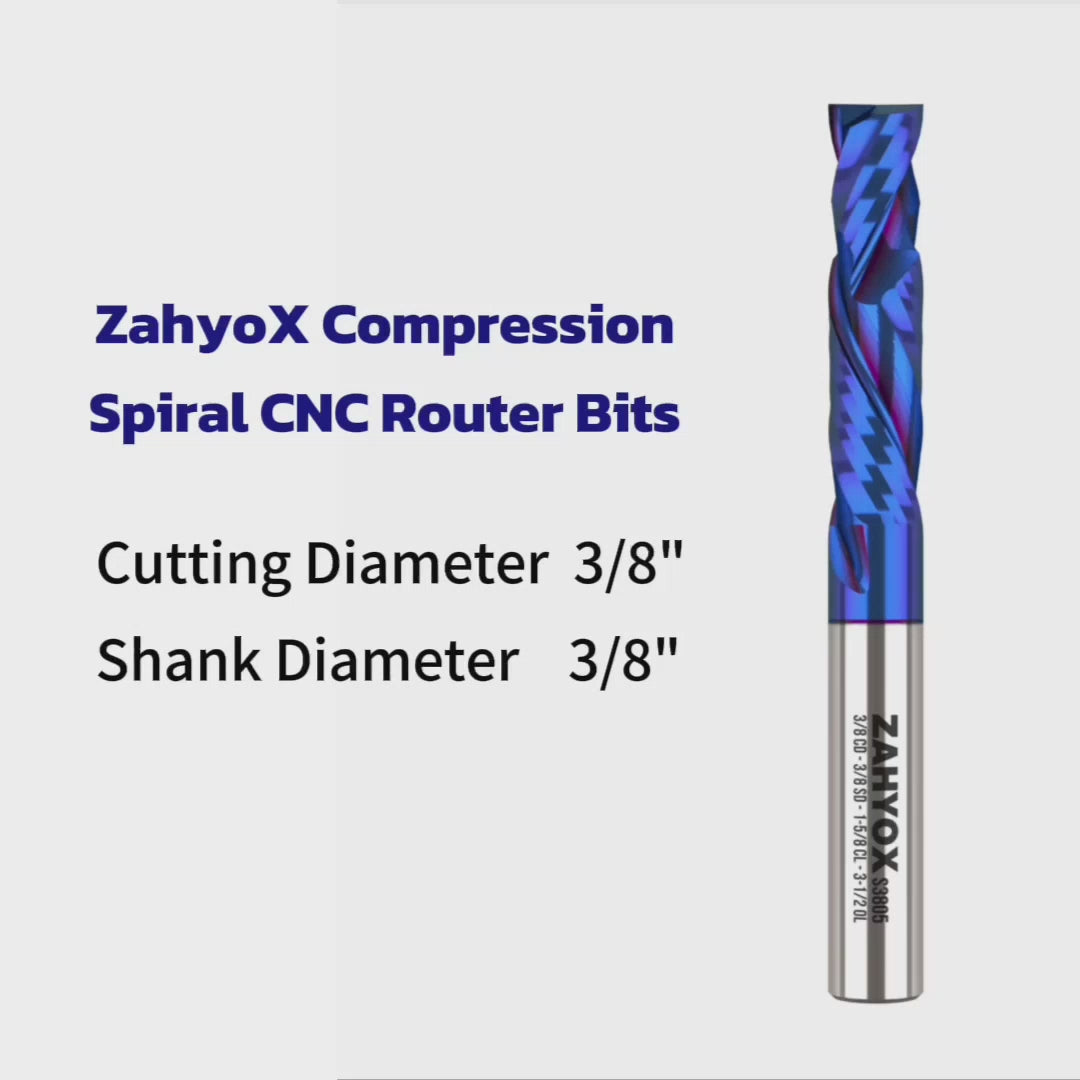 Load video: S3805 3/8&quot; Shank Solid Carbide Compression nACo Coated CNC Spiral Router Bit - 2 Flutes - 3/8&quot; Cutting Dia - 1-5/8&quot; LOC - 3-1/2&quot; OAL
