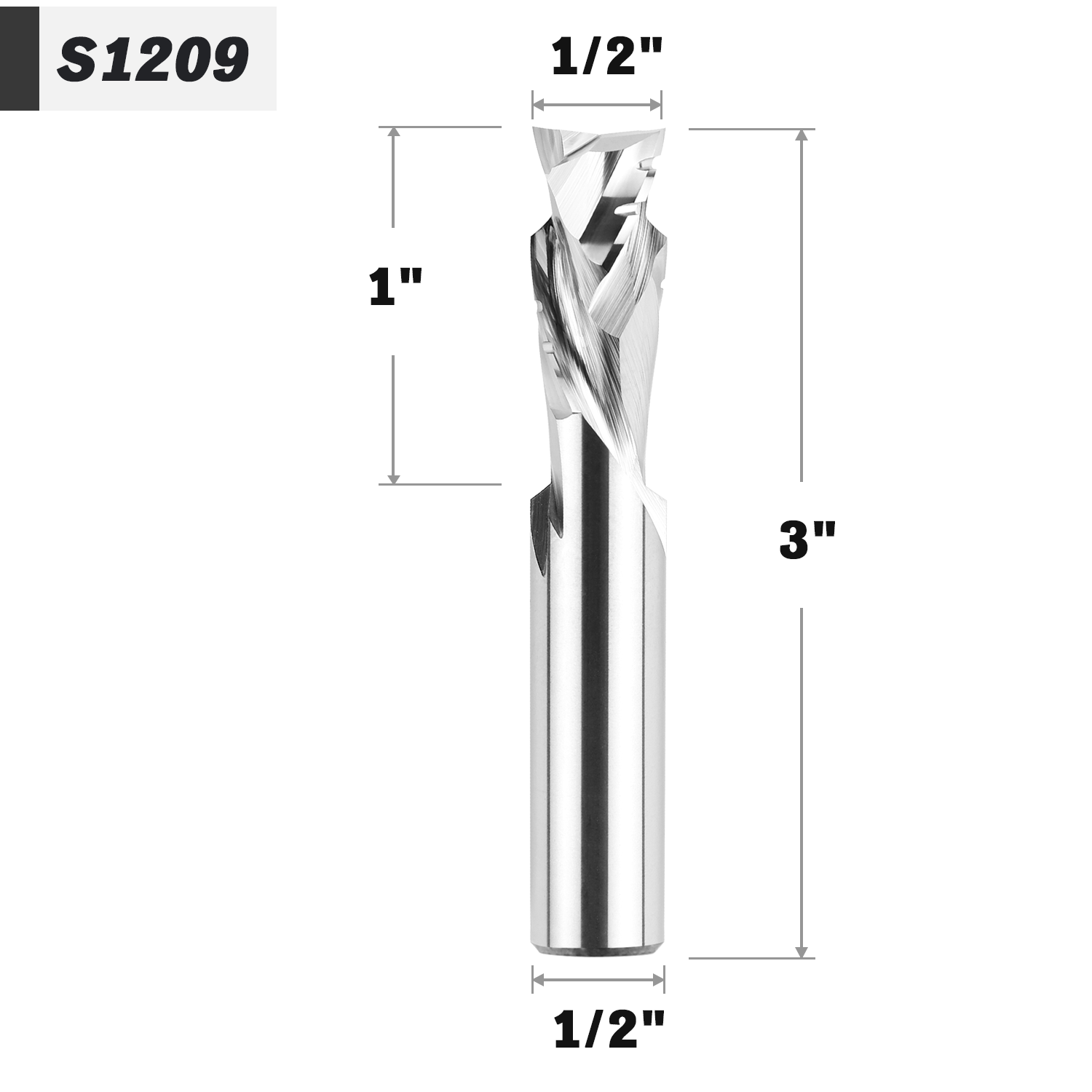 1/2" Shank Compression Solid Carbide CNC Spiral Router Bit - 2 Flutes - 1/2 CD - 1 CL - 3 OL - 1/2 UCL - S1209 - Zahyox
