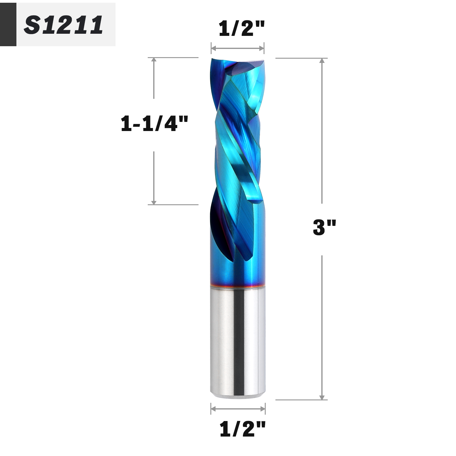 1/2" Shank Compression Solid Carbide nACo Coated Spiral Router Bit - 2 Flutes - 1/2" Cutting Dia - 1-1/4" Cutting Length - 3" Overall Length - 1/2" Upcut Length - S1211 PRO-Series - Zahyox