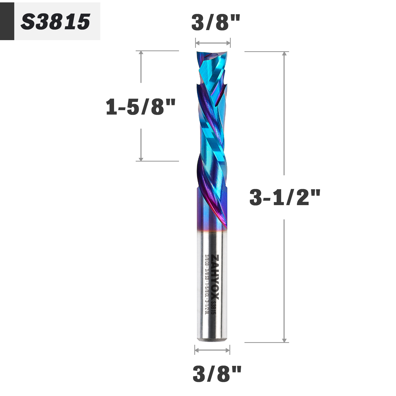 3/8" Shank Compression nACo Coated Spiral Router Bit - 2 Flutes - 3/8" Cutting Dia - 1-5/8" LOC - 3-1/2" OAL - S3815 PRO - Zahyox