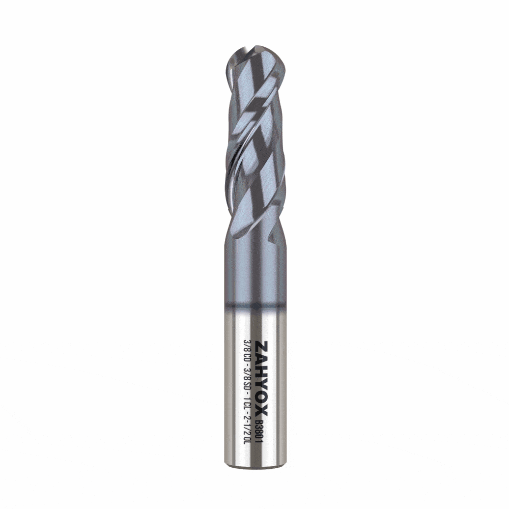 B3801 Upcut Ball End Mill - 2 Flutes - 3/8 Dia - 3/8 Shank - 1 LOC - 2-1/2 OAL - R3/16 - Zahyox