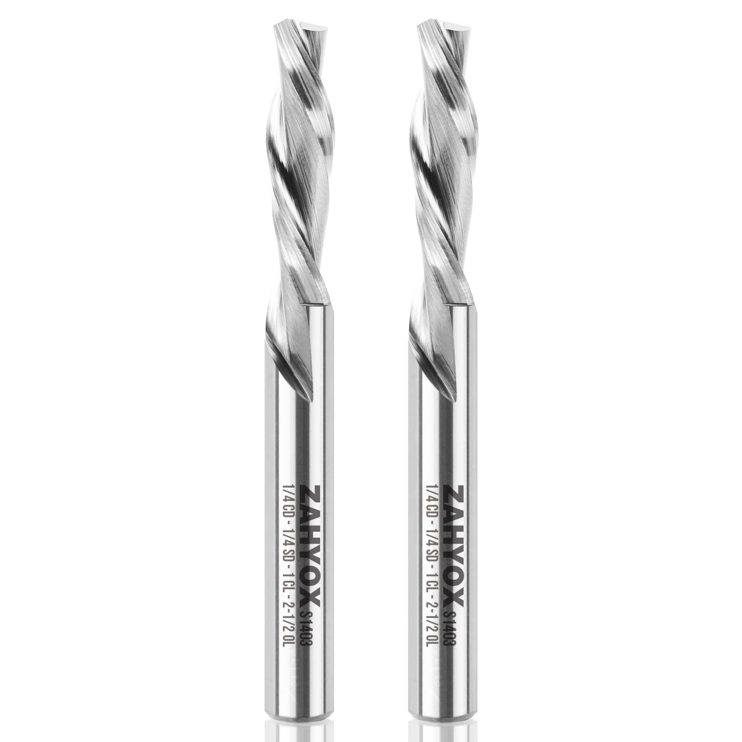 2Pack - S1403 Solid Carbide Spiral Downcut Bit - 2 Flutes - 1/4 SD - 1/4 CD - 1 CL - 2-1/2 OL - Zahyox